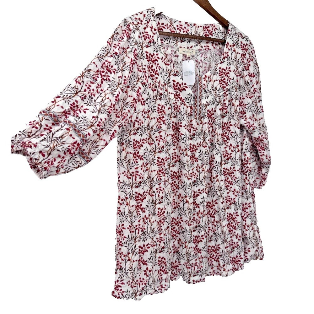 Indigo Rose L Fall Floral Flutter Sleeve Boho Blouse Cream Red Brown Tunic NWT